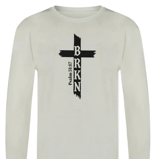 White long-sleeve shirt with black cross and text design on a white background