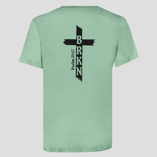 Light green t-shirt with a black cross and text on the back, on a white background