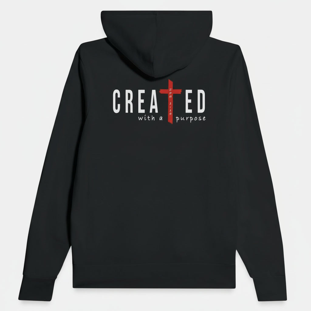Black hoodie with 'Created with a Purpose' text and red cross on the back