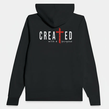 Black hoodie with 'Created with a Purpose' text and red cross on the back