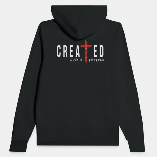 Black hoodie with 'Created with a Purpose' text and red cross on the back