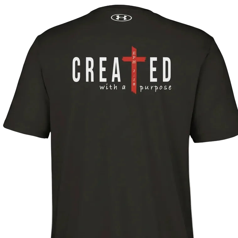 Black t-shirt with 'CREATED with a purpose' text and red cross on the back, on a white background.