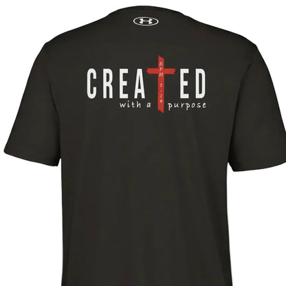 Black t-shirt with 'CREATED with a purpose' text and red cross on the back, on a white background.