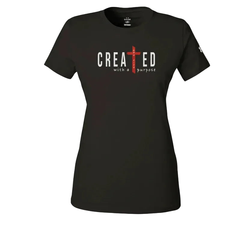 Black t-shirt with 'CREATED with a purpose' text and red cross on a white background