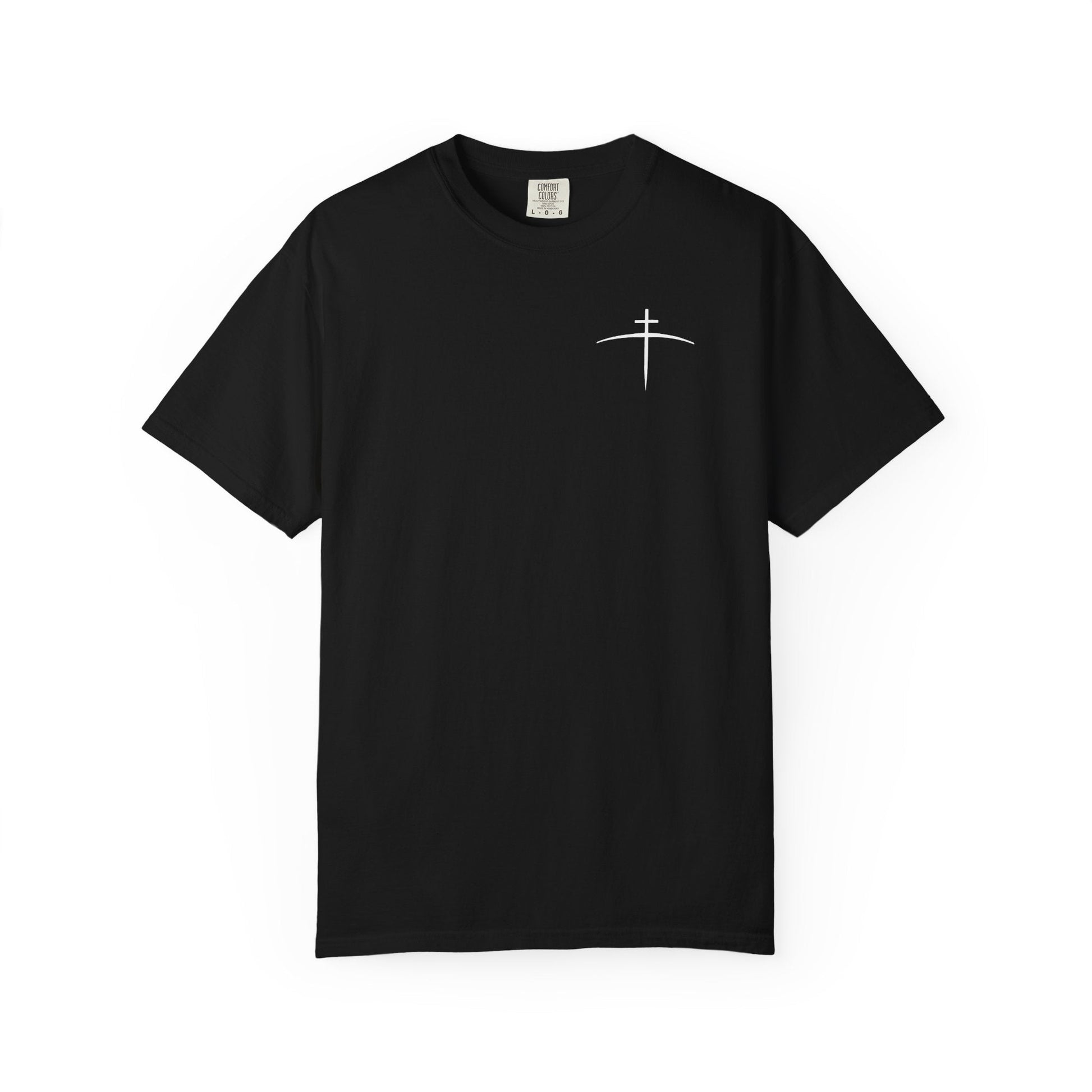 Black t-shirt with a white cross logo on a white background