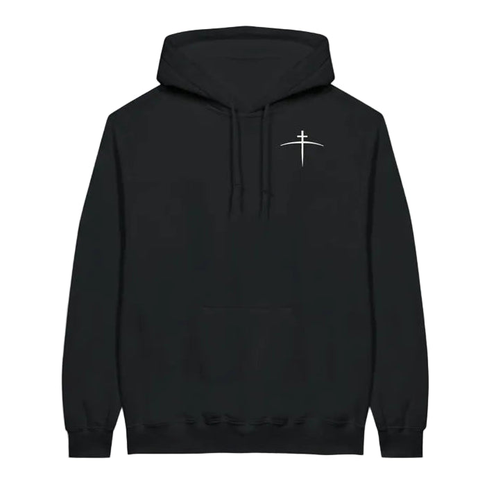 Black hoodie with a white cross design on the chest against a white background