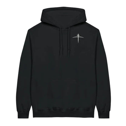 Black hoodie with a white cross design on the chest against a white background
