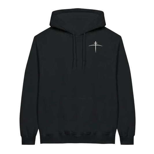 Black hoodie with a white cross design on the chest against a white background