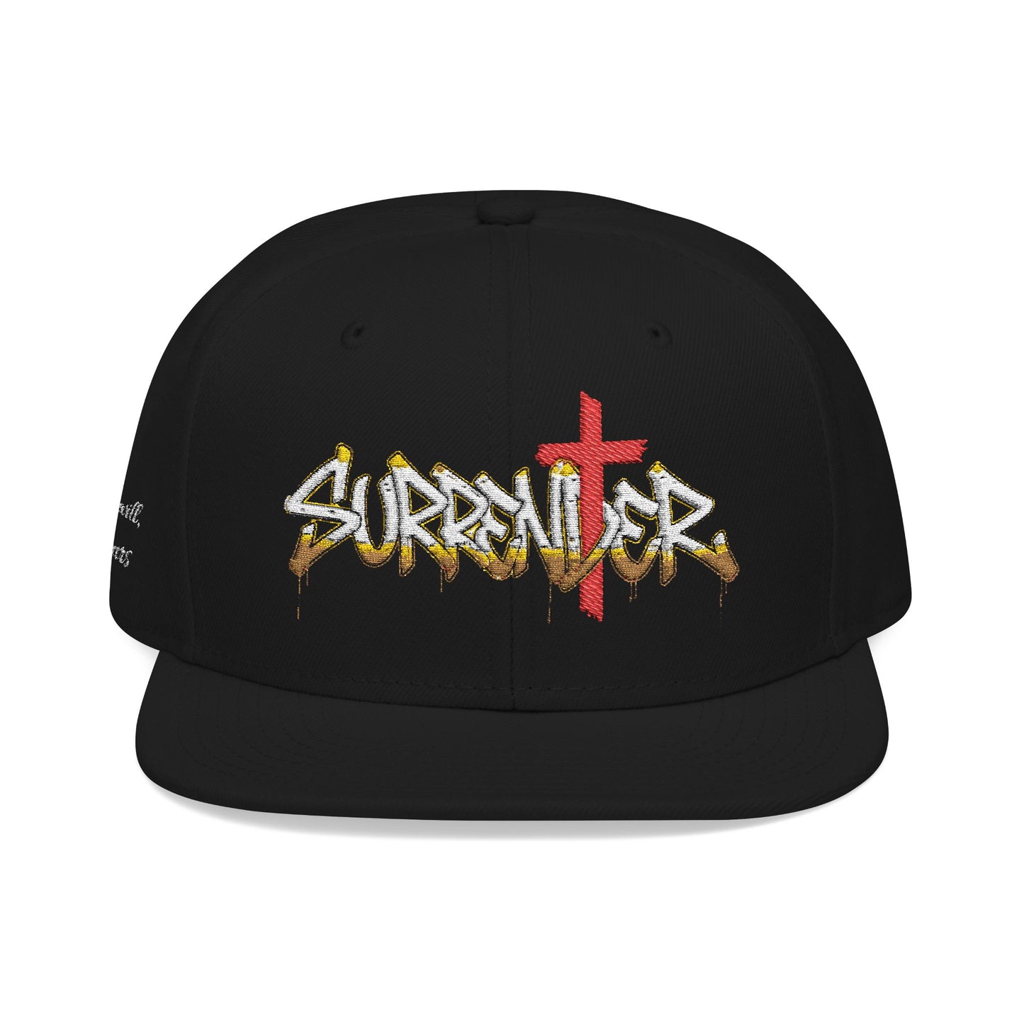Black cap with 'Surrender' text and cross design on a white background