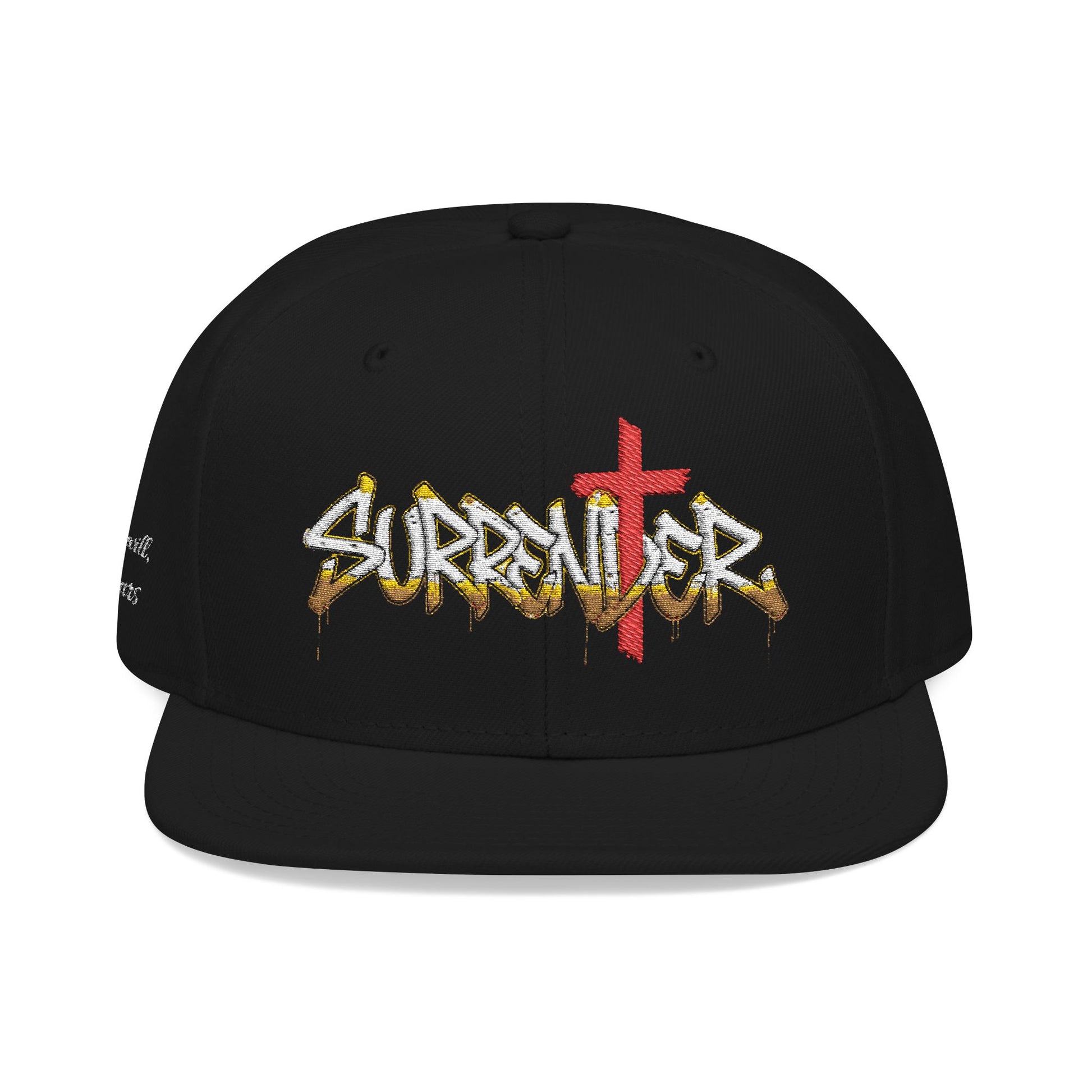 Black cap with 'Surrender' text and cross design on a white background