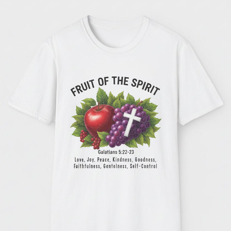 White t-shirt with fruit and cross design on a white background
