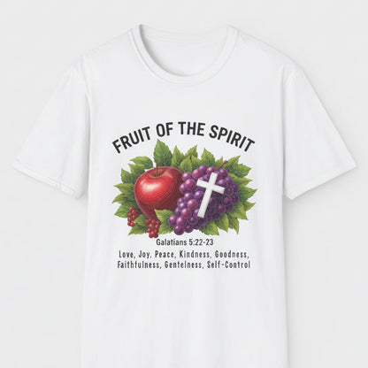 White t-shirt with fruit and cross design on a white background