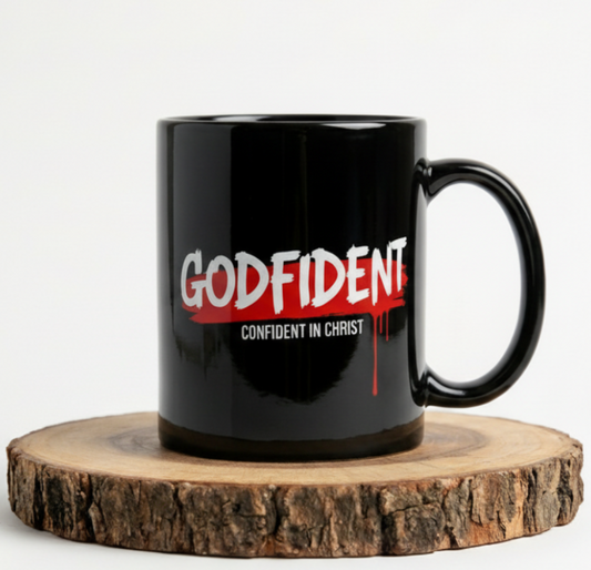 Godfident Black Mug — "Godfident: Confident in Christ" Christian Coffee Mug (11oz/15oz)