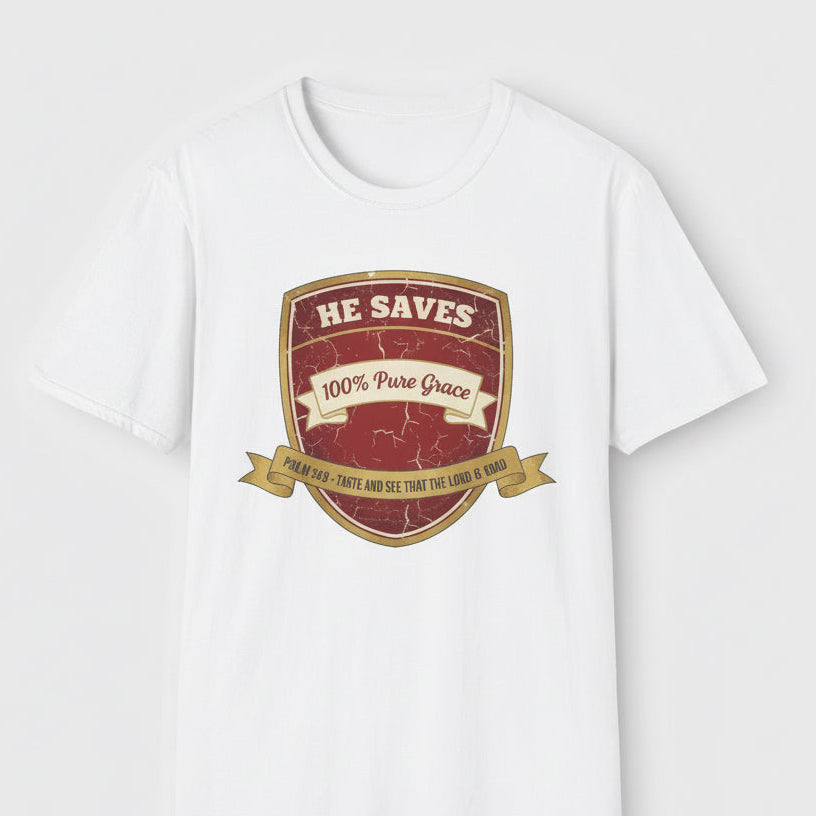 White t-shirt with a red and gold graphic design on a white background