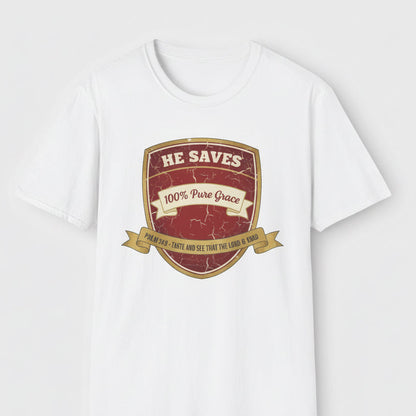 White t-shirt with a red and gold graphic design on a white background