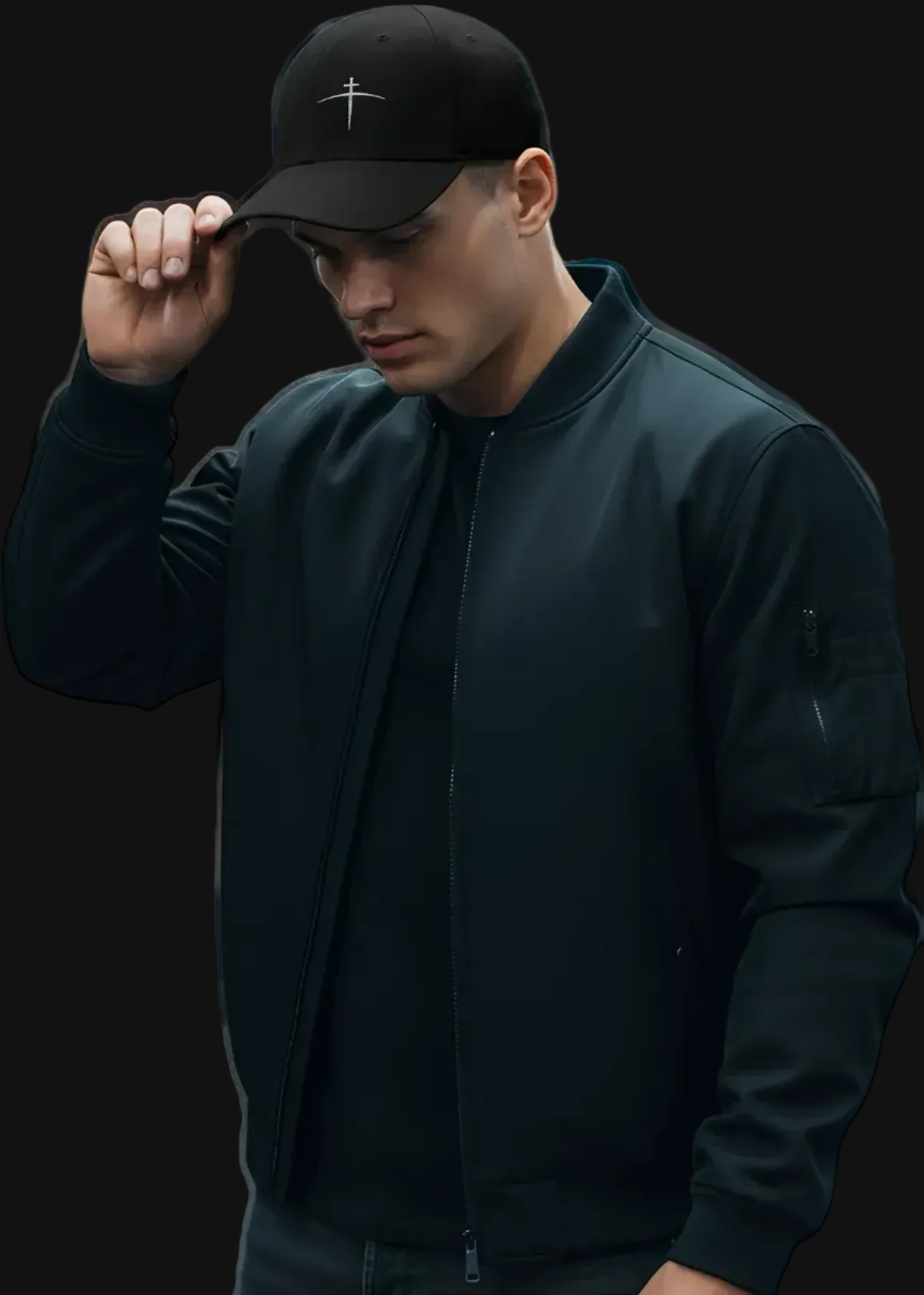 Man wearing a black jacket and cap with a white logo on a white background
