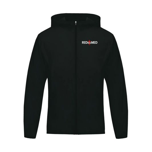 Black hoodie with a logo on the chest against a white background