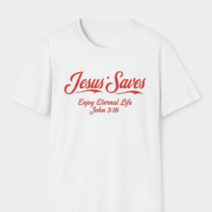 White t-shirt with red text 'Jesus Saves Enjoy Eternal Life John 3:16' on a white background