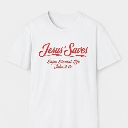 White t-shirt with red text 'Jesus Saves Enjoy Eternal Life John 3:16' on a white background