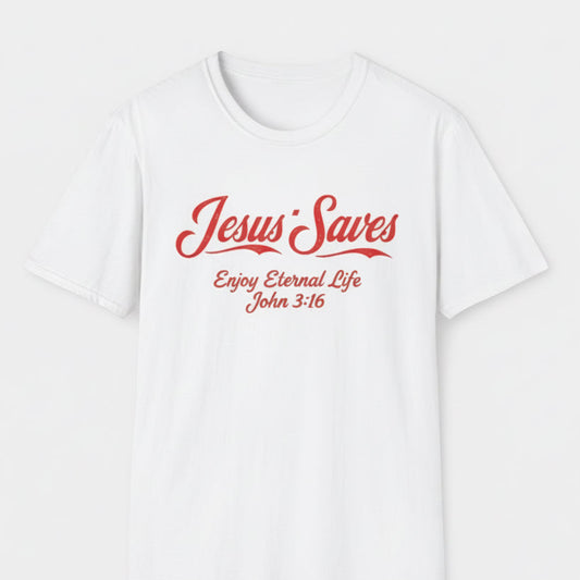 White t-shirt with red text 'Jesus Saves Enjoy Eternal Life John 3:16' on a white background