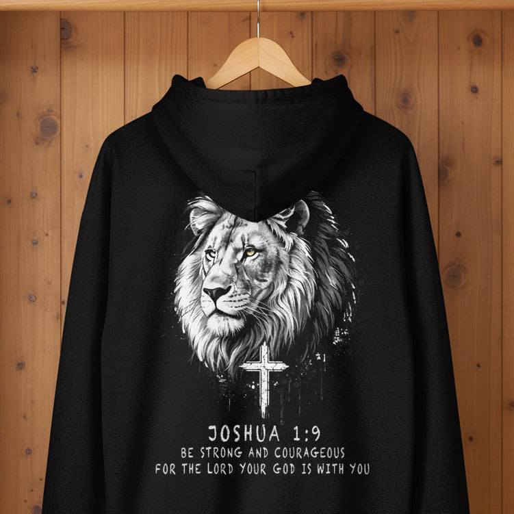 Black hoodie with a lion graphic and cross, featuring the text 'Joshua 1:9' on the back.