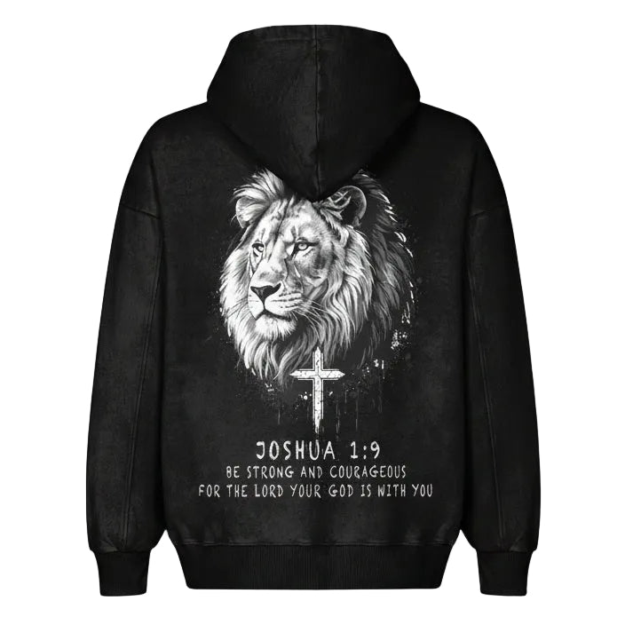 Black hoodie with a lion graphic and cross on the back, featuring the text 'Joshua 1:9' on a white background.