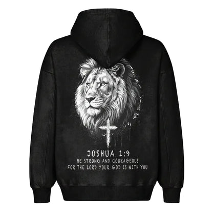 Black hoodie with a lion graphic and cross on the back, featuring the text 'Joshua 1:9' on a white background.