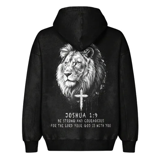 Black hoodie with a lion graphic and cross on the back, featuring the text 'Joshua 1:9' on a white background.