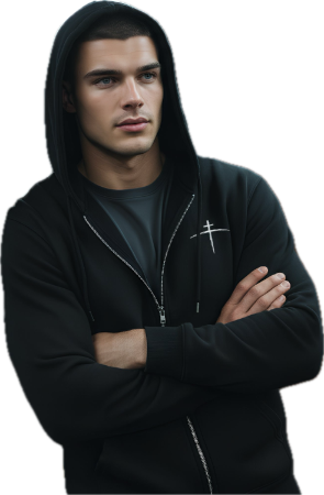 Man wearing a black hoodie with a white logo on a white background