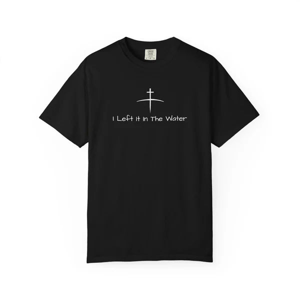Black t-shirt with white text and cross design on a white background