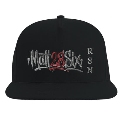 Black cap with embroidered text on a white background