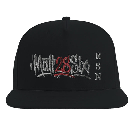 Black cap with embroidered text on a white background