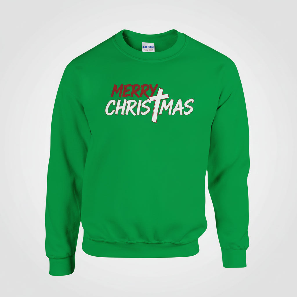 Green sweatshirt with 'Merry Christmas' text on a white background
