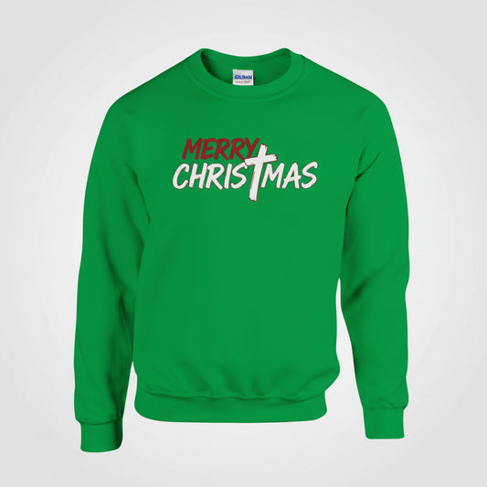 Green sweatshirt with 'Merry Christmas' text on a white background