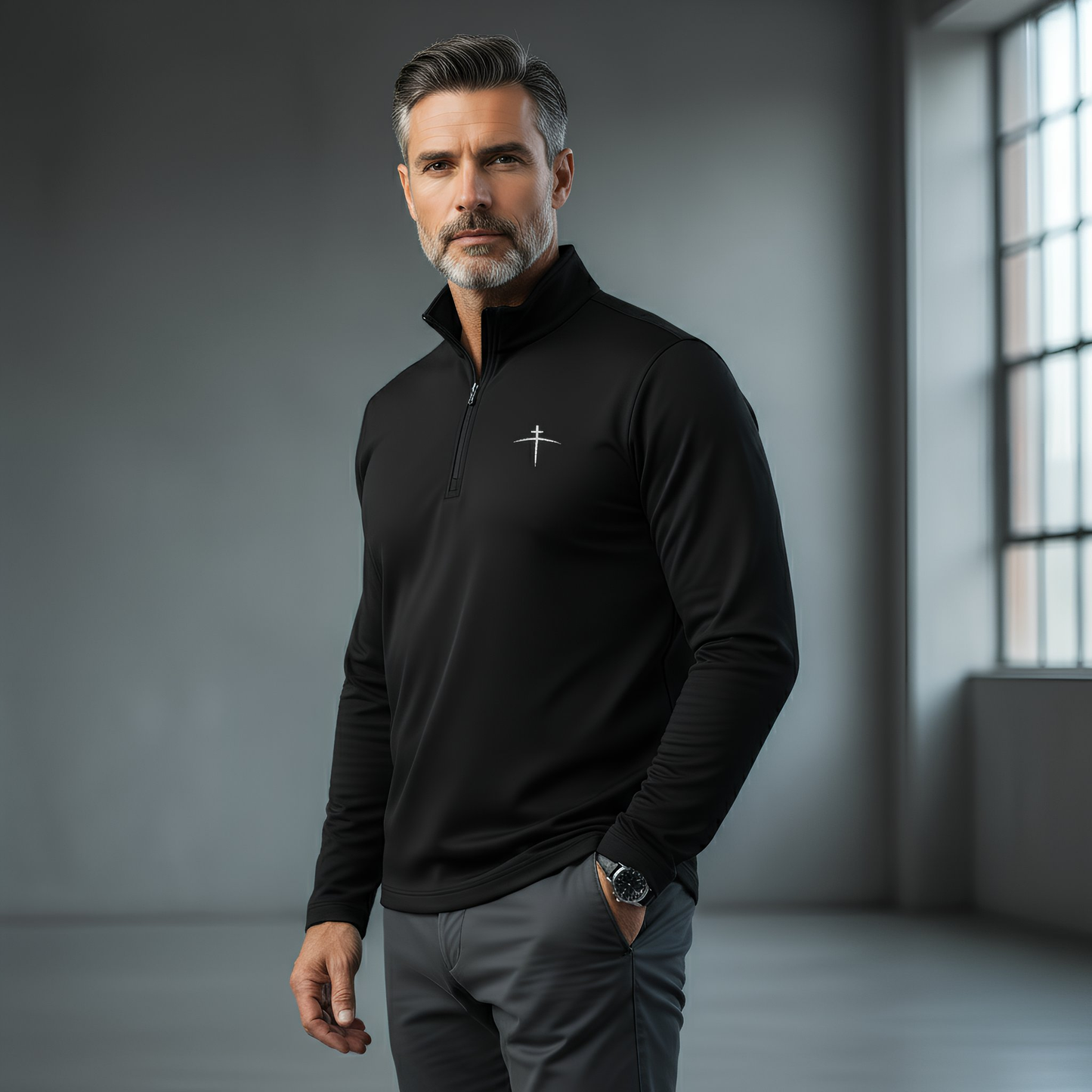 TravisMathew Black 1/4 Zip – Cross on the Horizon (Limited Drop)