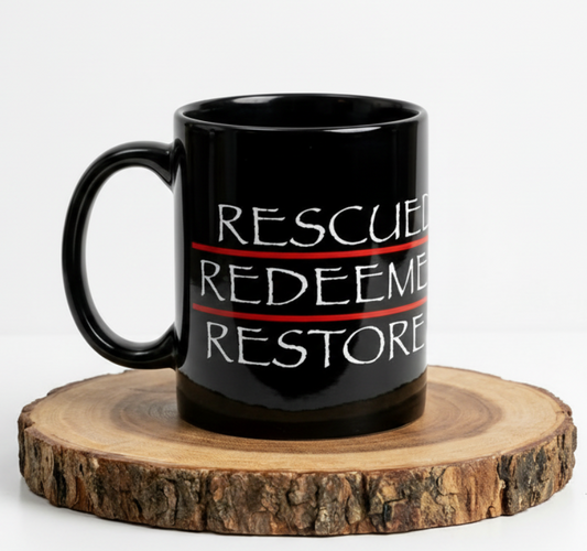 Rescued Redeemed Restored Coffee Mug — Inspirational Faith Black Mug (11oz/15oz)