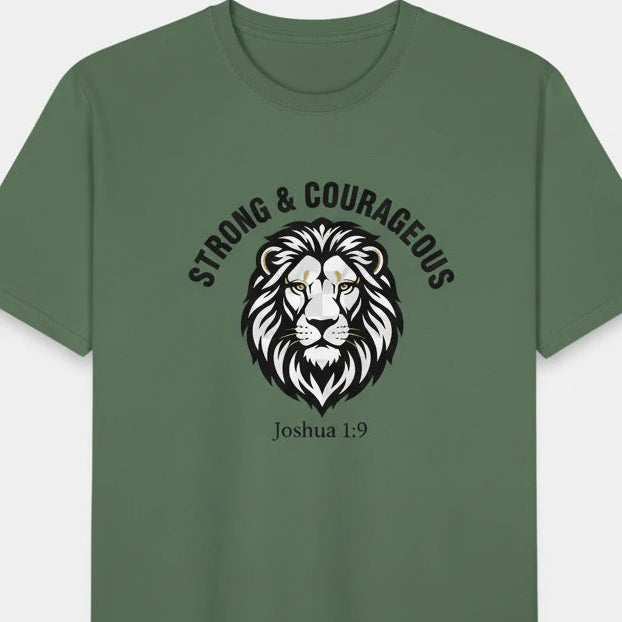 Green t-shirt with a lion graphic and text 'Strong & Courageous Joshua 1:9' on a white background