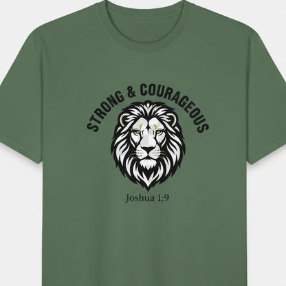 Green t-shirt with a lion graphic and text 'Strong & Courageous Joshua 1:9' on a white background
