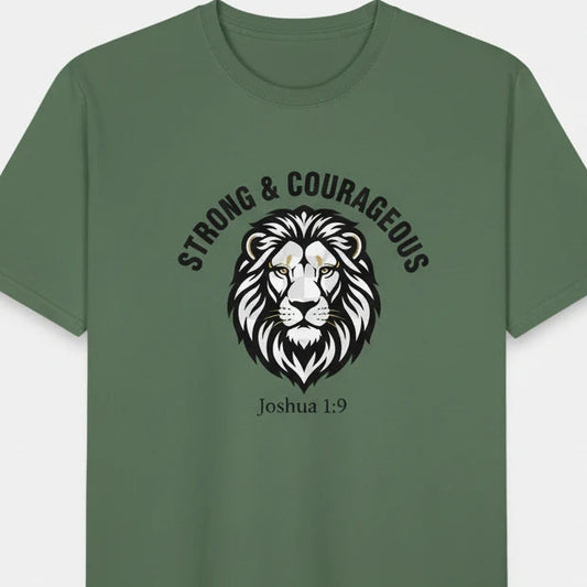 Green t-shirt with a lion graphic and text 'Strong & Courageous Joshua 1:9' on a white background