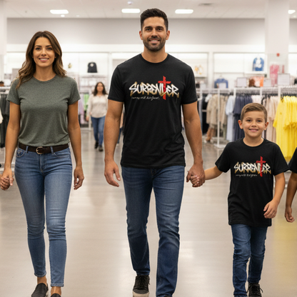 Family of five walking through a clothing store