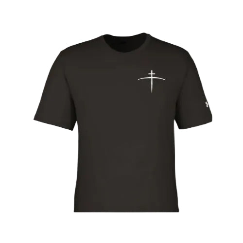 Black t-shirt with a white cross logo on a white background