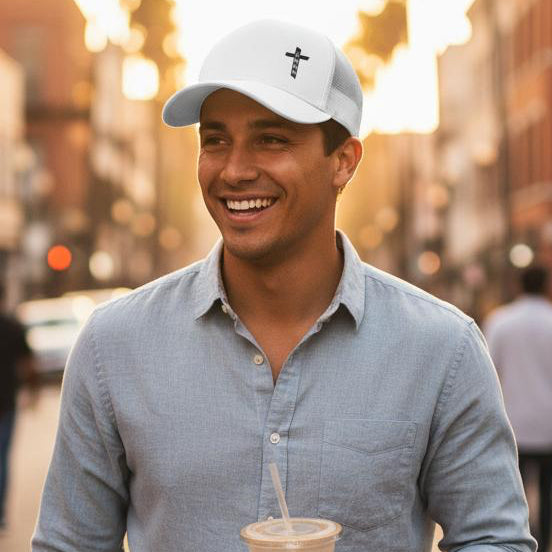 Man walking down a street holding a coffee cup, smiling