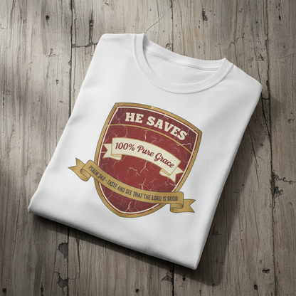 He Saves T-Shirt – “100% Pure Grace” Christian Faith Tee