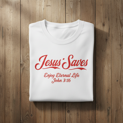 Jesus Saves T-Shirt — "Enjoy Eternal Life" John 3:16 Christian Tee