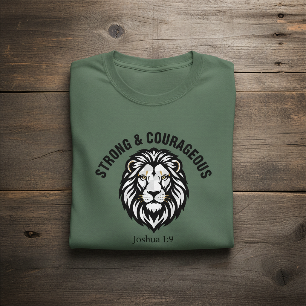 Strong & Courageous Lion Tee – Joshua 1:9 | BRKN Chains Christian Apparel