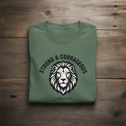Strong & Courageous Lion Tee – Joshua 1:9 | BRKN Chains Christian Apparel