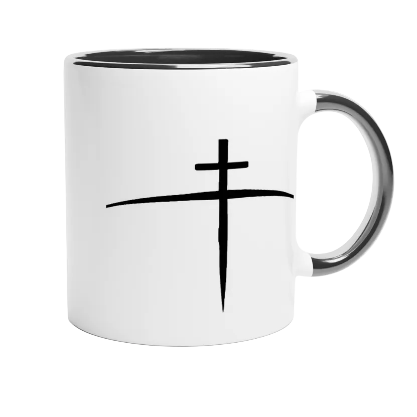 White mug with a black cross design on a white background